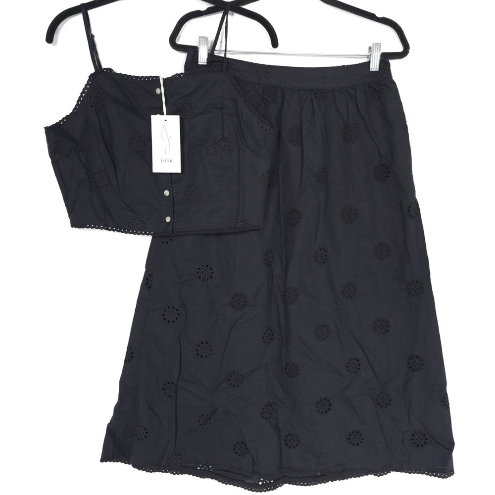 JOIE New Linen Cotton Blend Midi Skirt‎ Eyelet Set Black Embroidered Size LARGE - Picture 2 of 12
